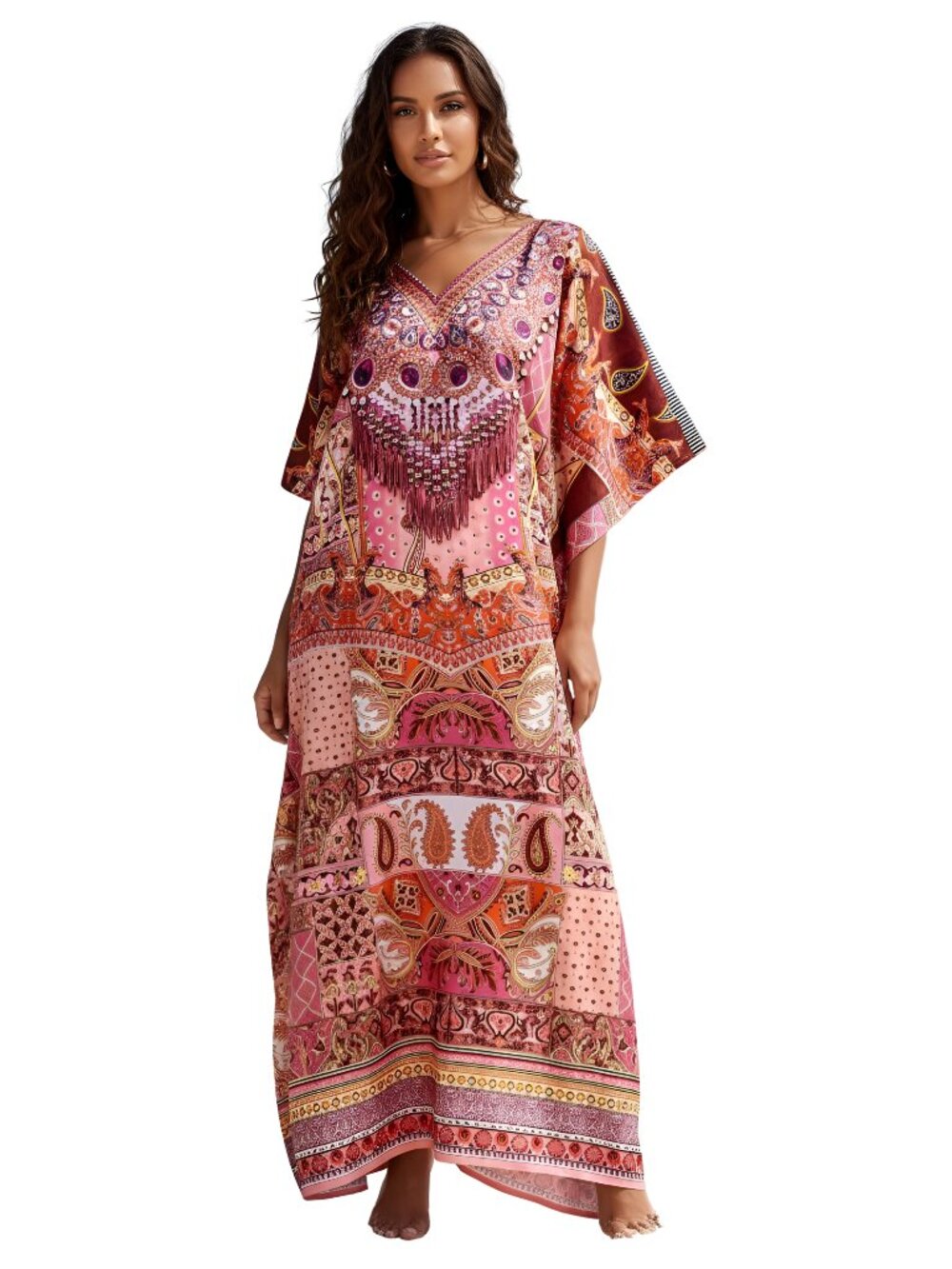 Plus Size Pink Paisley Satin Silk Kaftan Dress V-Neck Maxi